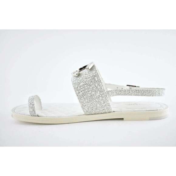 Chanel 19C White Silver Fantasy Fabric CC Logo Ankle Strap Toe Sandal Flat 40.5c - Picture 9 of 12